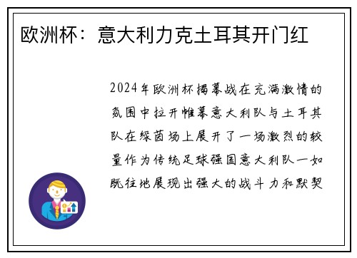 欧洲杯：意大利力克土耳其开门红